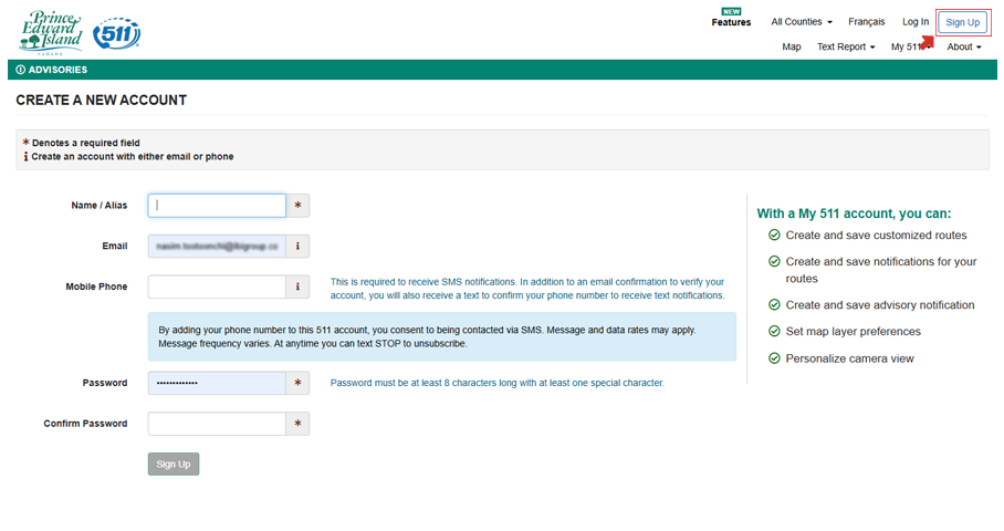 Signing up with Prince Edward Island 511